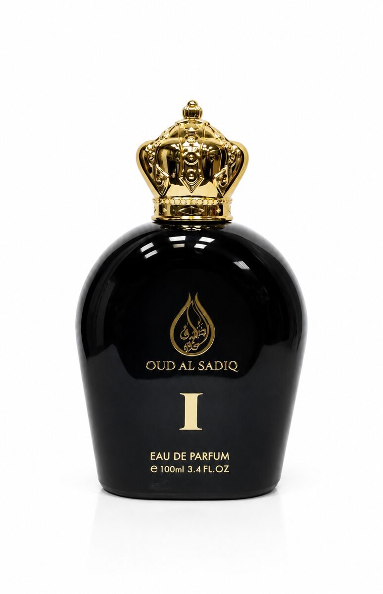 Oud Al Sadiq I 100ml smoky oud and leather perfume for men in a black bottle with gold crown