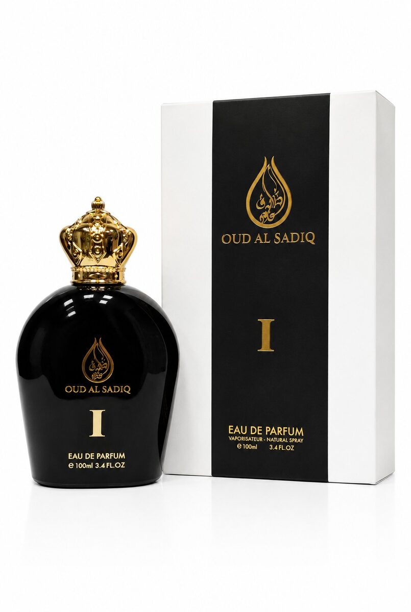 Oud Al Sadiq I 100ml smoky oud and leather perfume for men in a black bottle with gold crown - view 3