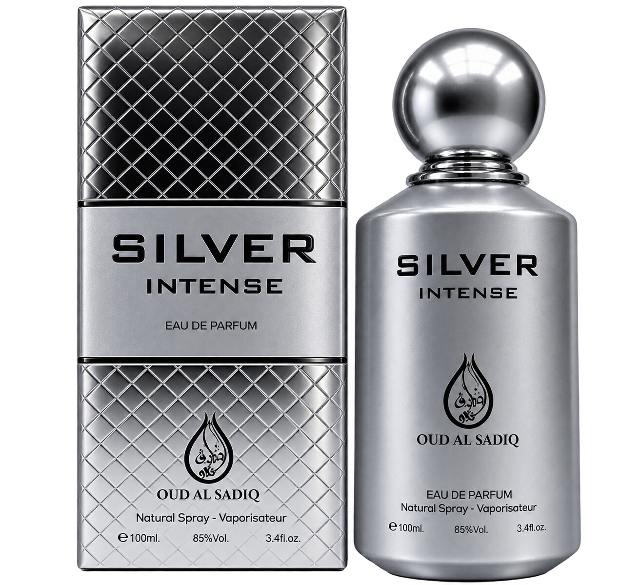 Silver Intense 100ml men's perfume in a metallic silver bottle, Al Rehan UAE - view 2