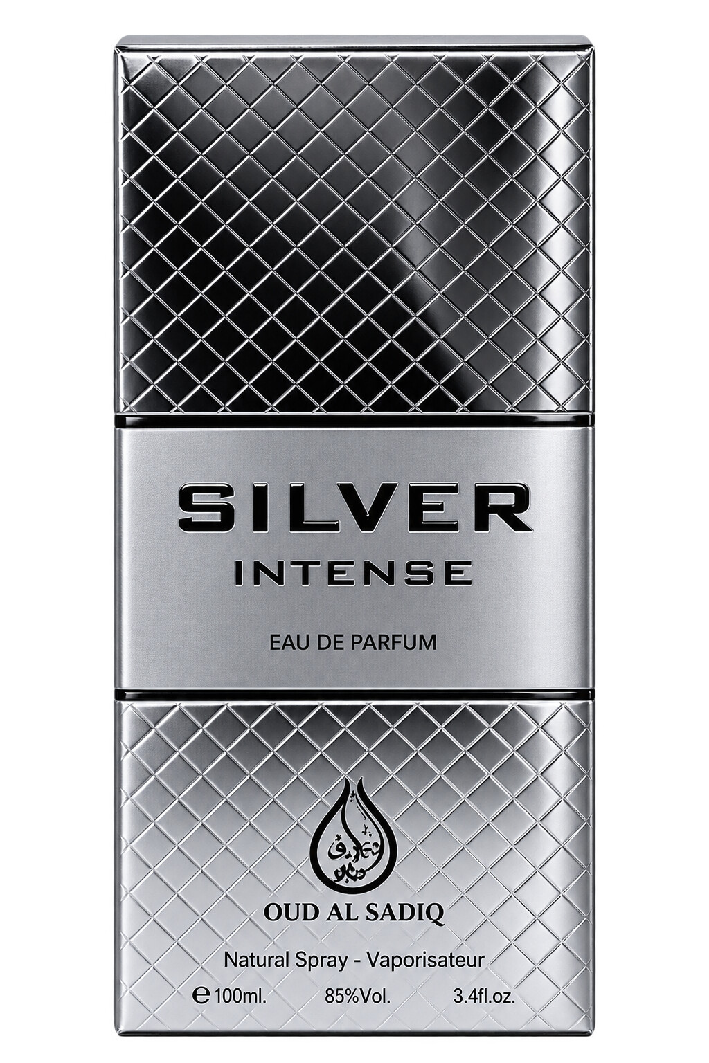 Silver Intense 100ml men's perfume in a metallic silver bottle, Al Rehan UAE - view 3