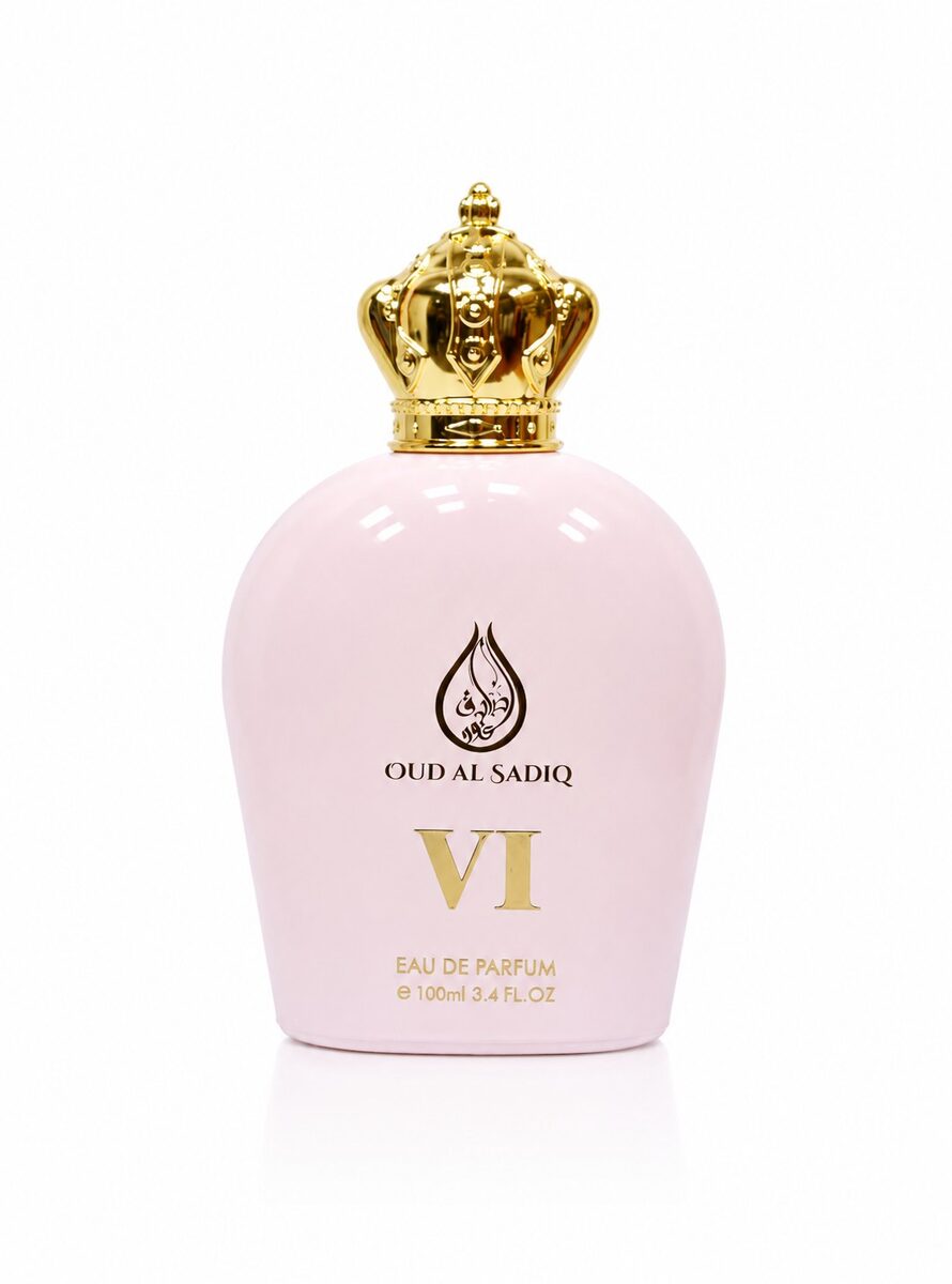 Oud Al Sadiq VI 100ml unisex floral perfume in a pale pink bottle with gold crown, Al Rehan