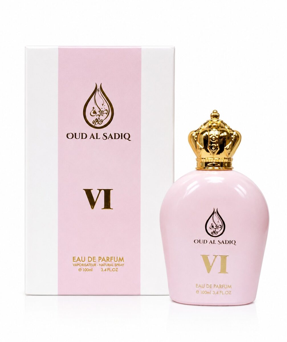 Oud Al Sadiq VI 100ml unisex floral perfume in a pale pink bottle with gold crown, Al Rehan - view 3